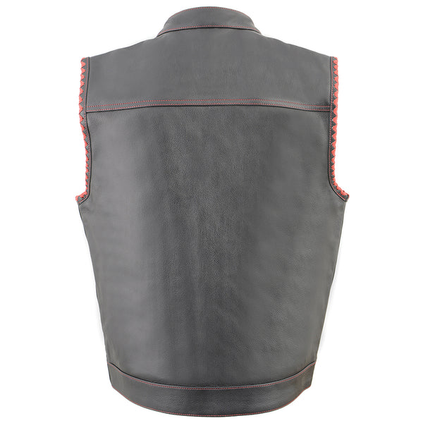 Men’s Club Style Leather Vest with Red Stitching & Laced Arm Holes