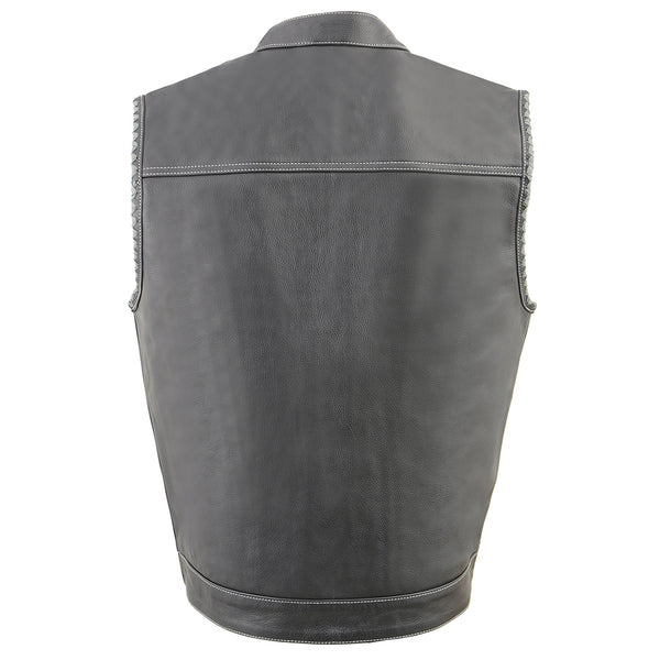 Men’s Club Style Leather Vest with Grey Stitching & Laced Arm Holes