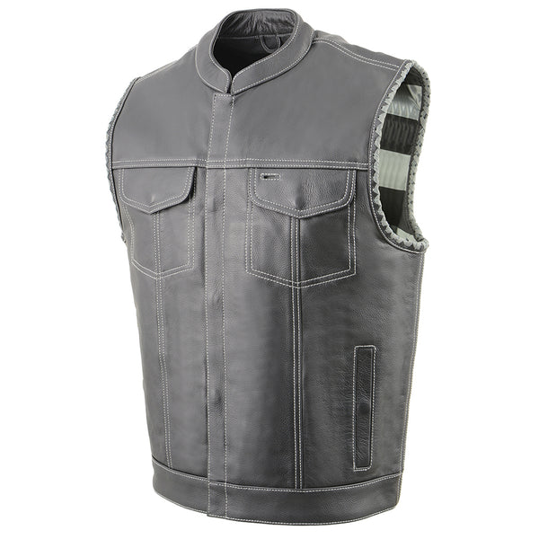 Men’s Club Style Leather Vest with Grey Stitching & Laced Arm Holes