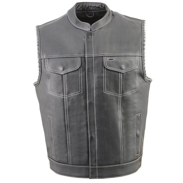 Men’s Club Style Leather Vest with Grey Stitching & Laced Arm Holes