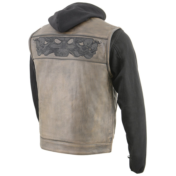 Men’s Distressed Brown Leather Vest with Reflective Skulls & Full Hoodie Liner