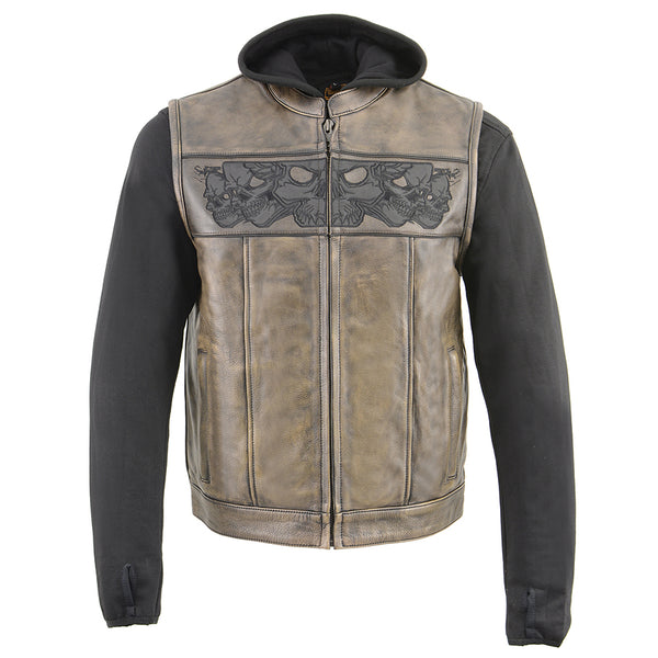 Men’s Distressed Brown Leather Vest with Reflective Skulls & Full Hoodie Liner