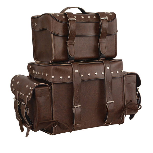 Large Antique Brown Four Piece Studded PVC Touring Pack w/ Barrel Bag (18X16X9)