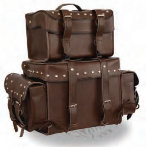 Large Antique Brown Four Piece Studded Pvc Touring Pack W/ Duffle Bag