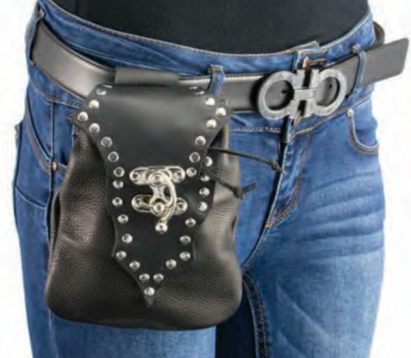 Women’s Black Leather Drop Set Belt Bag W/ Studding