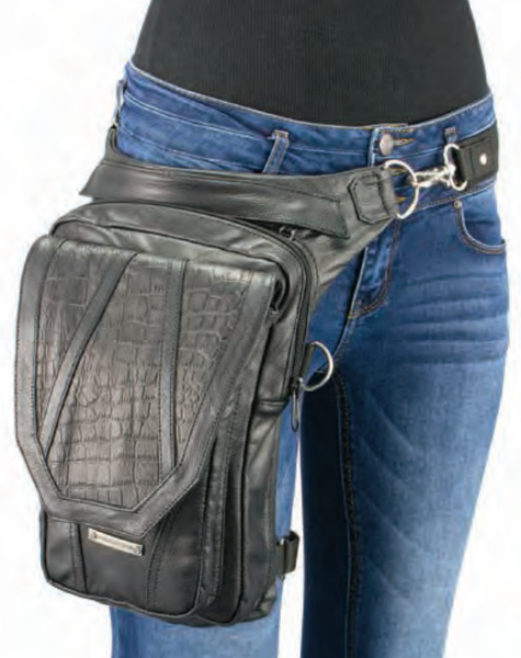 Extra Large Conceal & Carry Black Leather Thigh Bag W/ Waist Belt