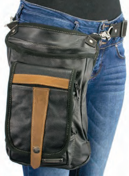 Conceal & Carry Black & Tan Leather Thigh Bag W/ Waist Belt