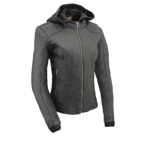 Women Black Zipper Front Jacket with Full Sleeve Removable Hoodie