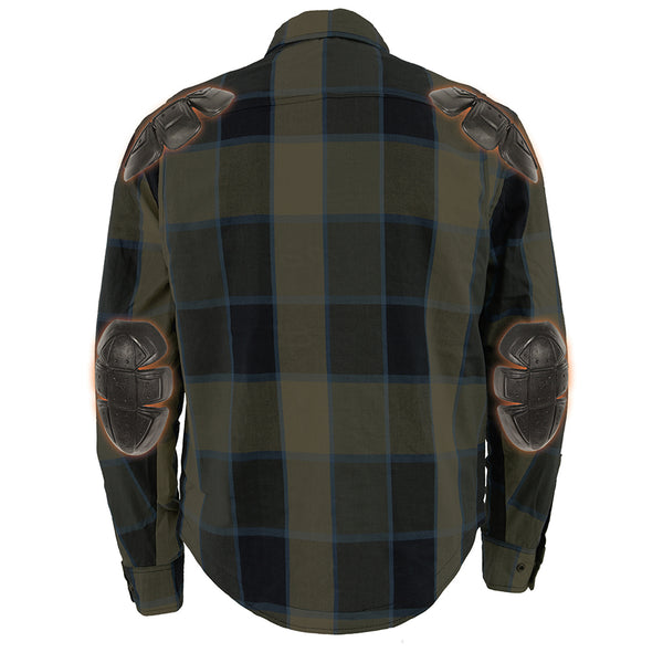Men’s Beige/Black & Blue Checkered Armored Flannel Biker Shirt w/ Reinforced Fibers