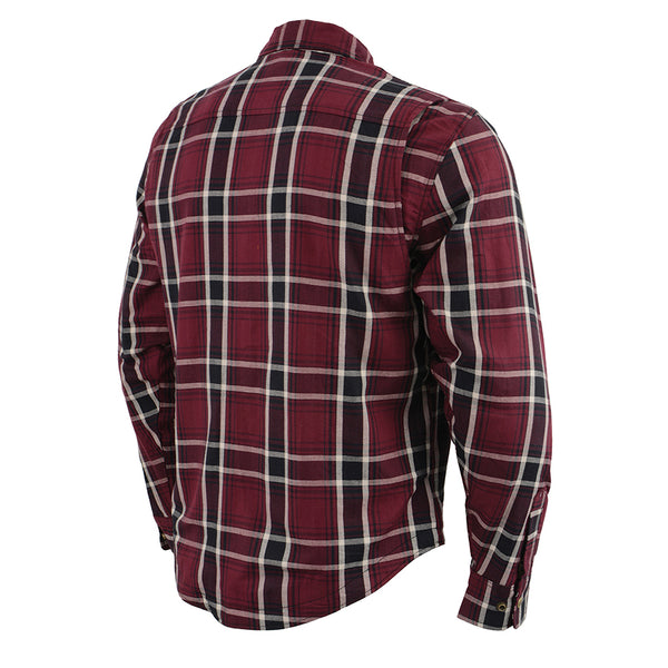 Men’s Maroon Checkered Armored Flannel Biker Shirt w/ Reinforced Fibers