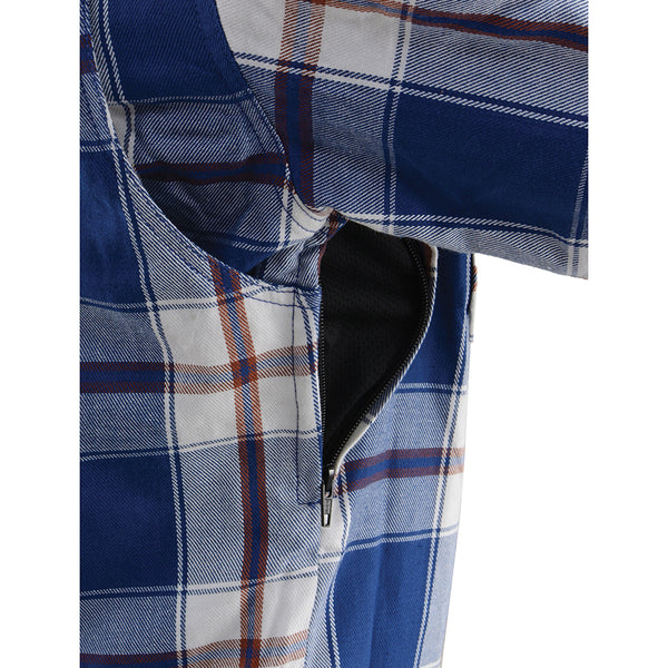 Men’s Blue/White Checkered Armored Flannel Biker Shirt w/ Reinforced Fibers