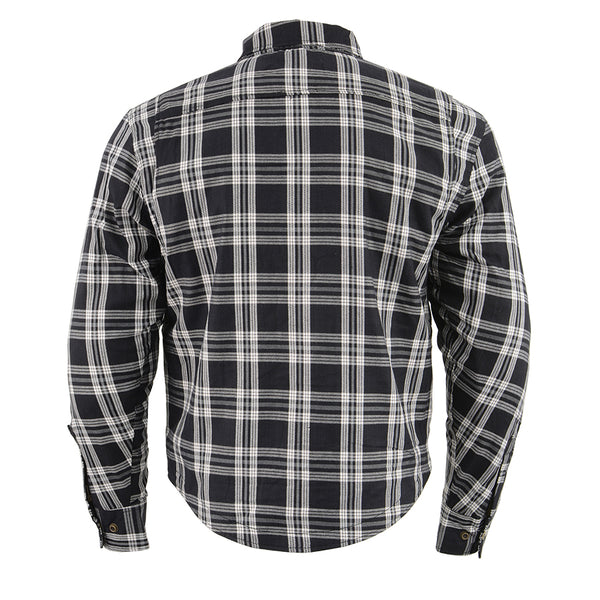 Men’s Black & White Armored Flannel Biker Shirt w/ Reinforced Fibers