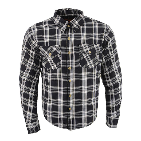Men’s Black & White Armored Flannel Biker Shirt w/ Reinforced Fibers