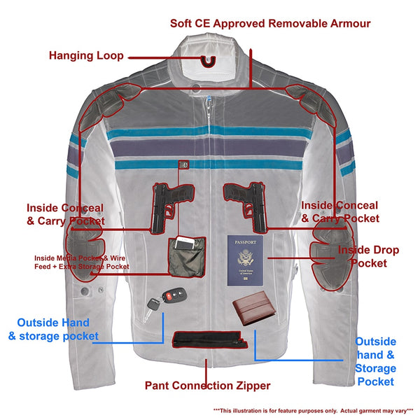 Mens Black & Grey Mesh Armored Racing Jacket w/ Racing Stripes