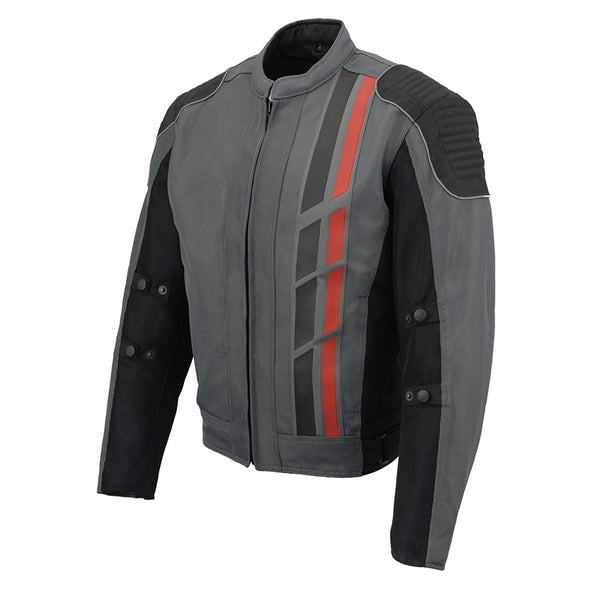 Mens Black & Grey Mesh Armored Racing Jacket w/ Racing Stripes
