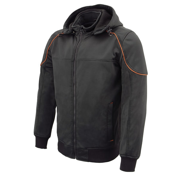 Mens Soft Shell Armored Racing Style Jacket w/ Detachable Hood