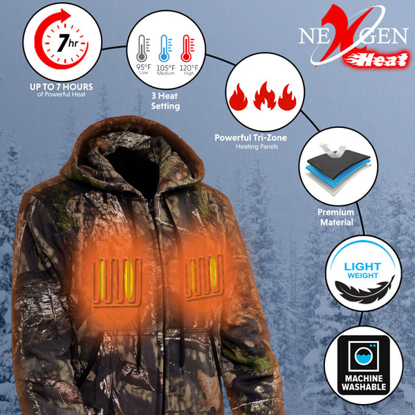 Men’s Zipper Front Mossy Oak® Camo Heated Hoodie w/ Front & Back Heating