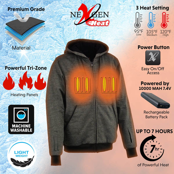Men’s Zipper Front Heated Hoodie w/ Front & Back Heating Elements & Glove Connection Battery Pack