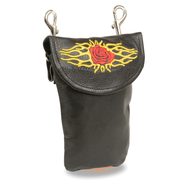 Leather Belt Bag w/ Rose & Flames & Double Clasps