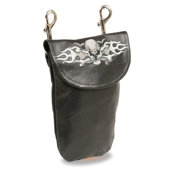 Leather Belt Bag w/ Skull & Flames & Double Clasps