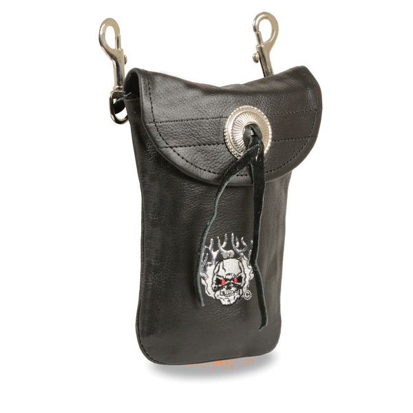 Leather Belt Bag w/ Flaming Skull & Double Clasps