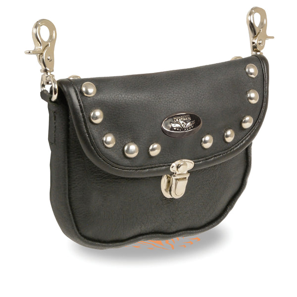 Leather Belt Bag w/ Studded Flap & Belt Clasps